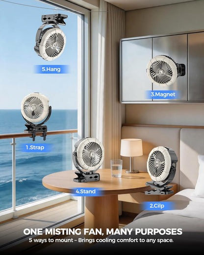 Portable Clip on Misting Fan, [5-45Hrs] Golf Cart Spray Fan, 720° Rotate Baby Stroller Fan, Outdoor Camping Fan with LED, Rechargeable Battery Operated RV Travel Cruise Fan, Golf Accessories
