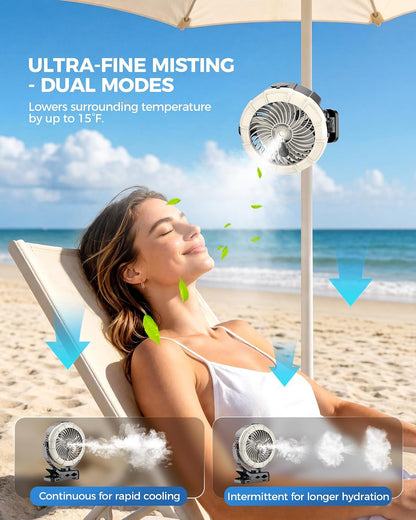 Portable Clip on Misting Fan, [5-45Hrs] Golf Cart Spray Fan, 720° Rotate Baby Stroller Fan, Outdoor Camping Fan with LED, Rechargeable Battery Operated RV Travel Cruise Fan, Golf Accessories