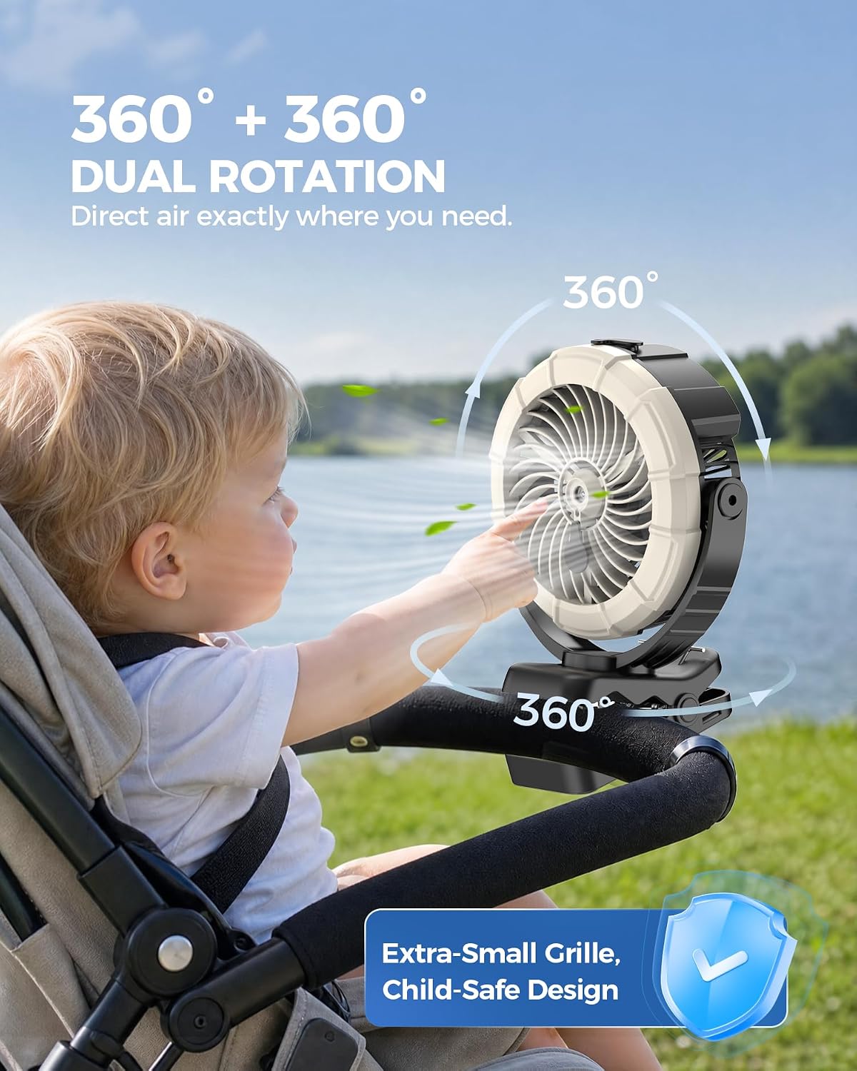 Portable Clip on Misting Fan, [5-45Hrs] Golf Cart Spray Fan, 720° Rotate Baby Stroller Fan, Outdoor Camping Fan with LED, Rechargeable Battery Operated RV Travel Cruise Fan, Golf Accessories