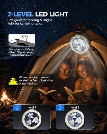 Portable Clip on Misting Fan, [5-45Hrs] Golf Cart Spray Fan, 720° Rotate Baby Stroller Fan, Outdoor Camping Fan with LED, Rechargeable Battery Operated RV Travel Cruise Fan, Golf Accessories