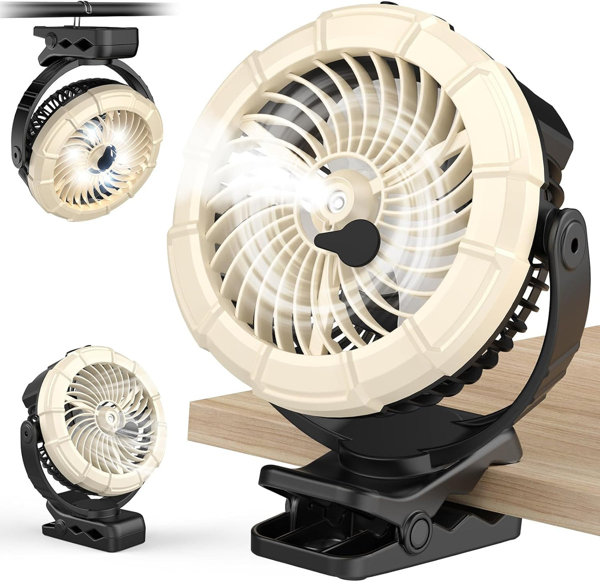 Portable Clip on Misting Fan, [5-45Hrs] Golf Cart Spray Fan, 720° Rotate Baby Stroller Fan, Outdoor Camping Fan with LED, Rechargeable Battery Operated RV Travel Cruise Fan, Golf Accessories
