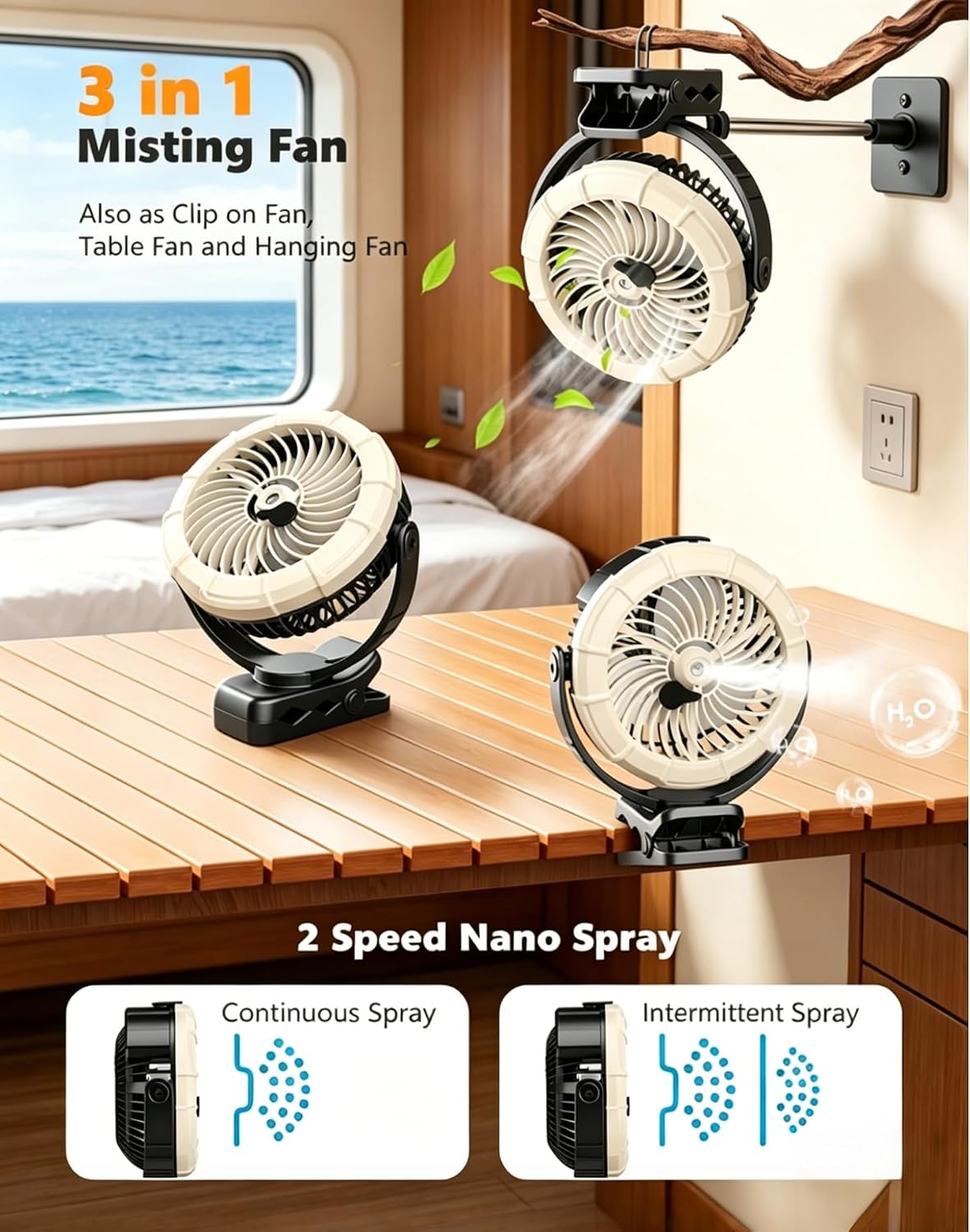 Portable Clip on Misting Fan, [5-45Hrs] Golf Cart Spray Fan, 720° Rotate Baby Stroller Fan, Outdoor Camping Fan with LED, Rechargeable Battery Operated RV Travel Cruise Fan, Golf Accessories