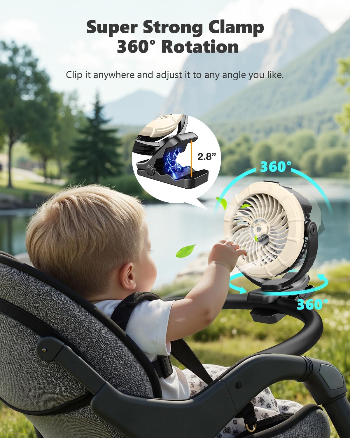 Portable Clip on Misting Fan, [5-45Hrs] Golf Cart Spray Fan, 720° Rotate Baby Stroller Fan, Outdoor Camping Fan with LED, Rechargeable Battery Operated RV Travel Cruise Fan, Golf Accessories