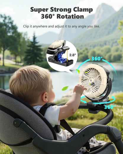 Portable Clip on Misting Fan, [5-45Hrs] Golf Cart Spray Fan, 720° Rotate Baby Stroller Fan, Outdoor Camping Fan with LED, Rechargeable Battery Operated RV Travel Cruise Fan, Golf Accessories