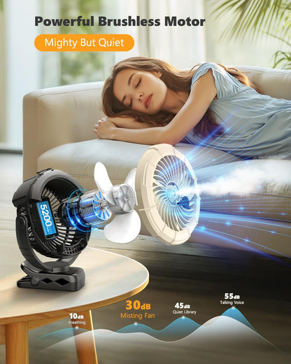 Portable Clip on Misting Fan, [5-45Hrs] Golf Cart Spray Fan, 720° Rotate Baby Stroller Fan, Outdoor Camping Fan with LED, Rechargeable Battery Operated RV Travel Cruise Fan, Golf Accessories