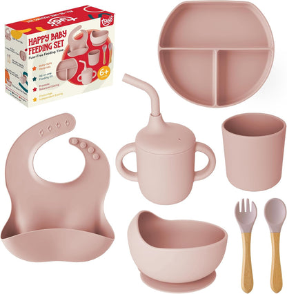 Tygo Silicone Baby Feeding Set – Complete Self-Feeding Set with Suction Plate, Spill-Proof Bib, Wooden Spoon & Fork, Leak-Proof Cups – Encourage Independence, Healthy Eating in Infants and Toddlers