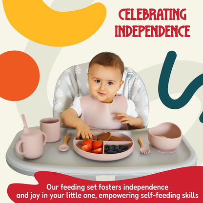 Tygo Silicone Baby Feeding Set – Complete Self-Feeding Set with Suction Plate, Spill-Proof Bib, Wooden Spoon & Fork, Leak-Proof Cups – Encourage Independence, Healthy Eating in Infants and Toddlers
