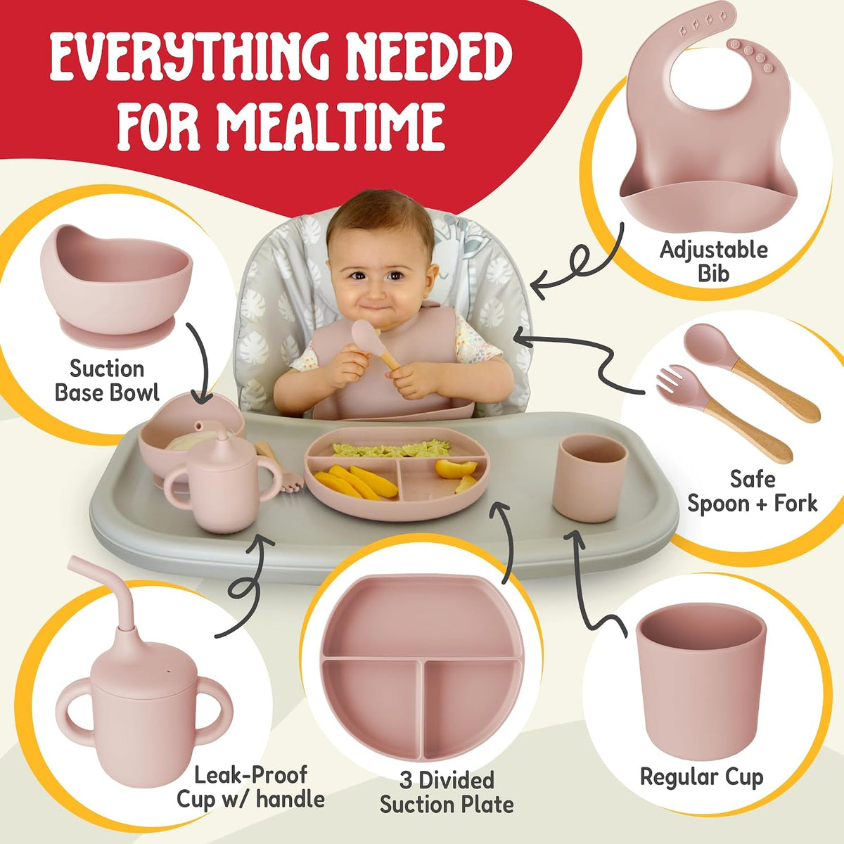 Tygo Silicone Baby Feeding Set – Complete Self-Feeding Set with Suction Plate, Spill-Proof Bib, Wooden Spoon & Fork, Leak-Proof Cups – Encourage Independence, Healthy Eating in Infants and Toddlers
