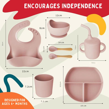 Tygo Silicone Baby Feeding Set – Complete Self-Feeding Set with Suction Plate, Spill-Proof Bib, Wooden Spoon & Fork, Leak-Proof Cups – Encourage Independence, Healthy Eating in Infants and Toddlers