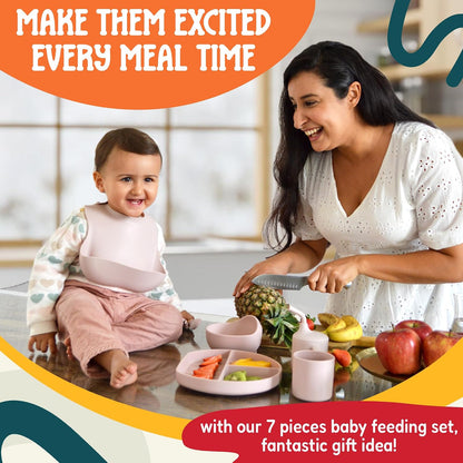 Tygo Silicone Baby Feeding Set – Complete Self-Feeding Set with Suction Plate, Spill-Proof Bib, Wooden Spoon & Fork, Leak-Proof Cups – Encourage Independence, Healthy Eating in Infants and Toddlers