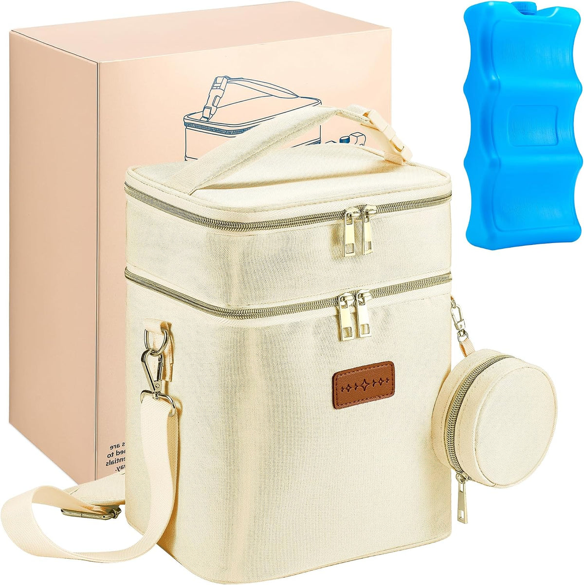 Breastmilk Cooler Bag with Ice Pack & Pacifier Case, Large Double Layer Insulated Baby Bottle Cooler Fits 6 Bottles, Breast Pump Storage Bag for Working Nursing Moms, with Gift Box