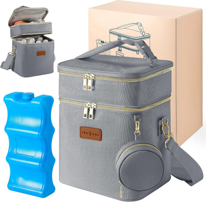 Breastmilk Cooler Bag with Ice Pack & Pacifier Case, Large Double Layer Insulated Baby Bottle Cooler Fits 6 Bottles, Breast Pump Storage Bag for Working Nursing Moms, with Gift Box