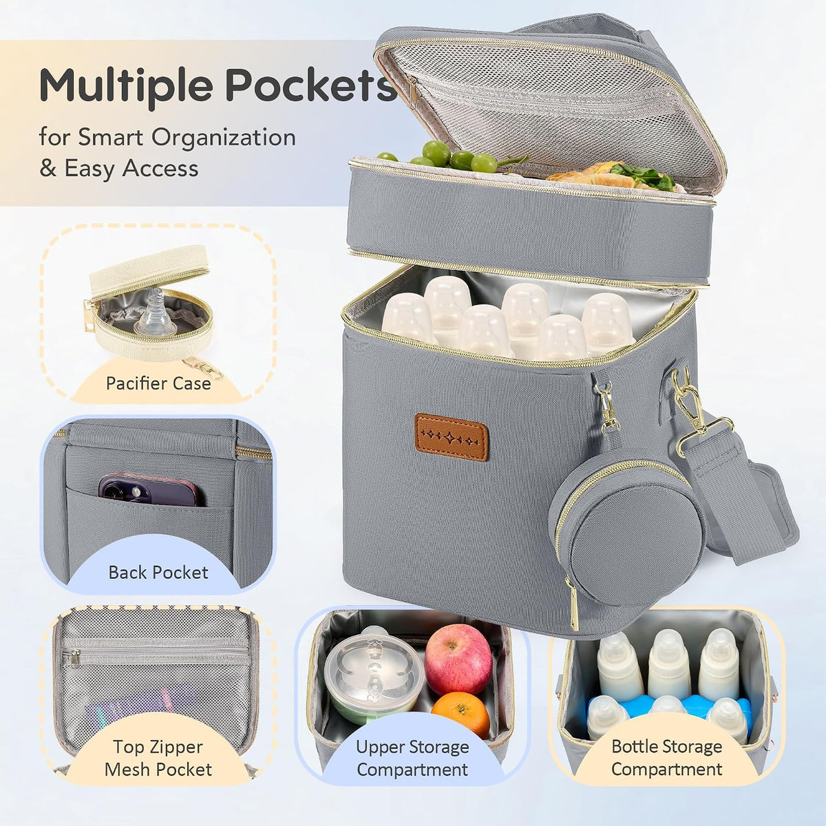 Breastmilk Cooler Bag with Ice Pack & Pacifier Case, Large Double Layer Insulated Baby Bottle Cooler Fits 6 Bottles, Breast Pump Storage Bag for Working Nursing Moms, with Gift Box