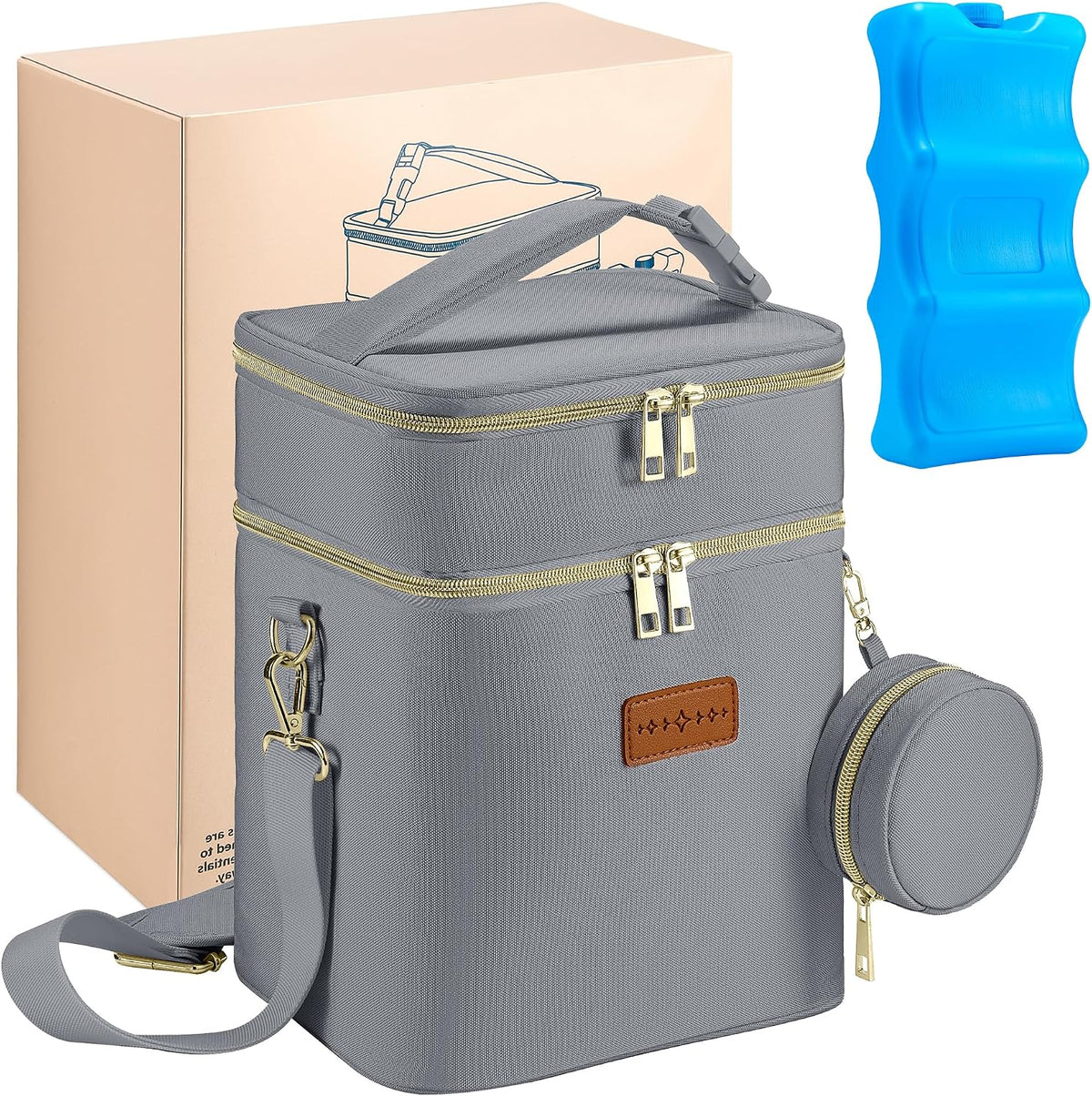 Breastmilk Cooler Bag with Ice Pack & Pacifier Case, Large Double Layer Insulated Baby Bottle Cooler Fits 6 Bottles, Breast Pump Storage Bag for Working Nursing Moms, with Gift Box