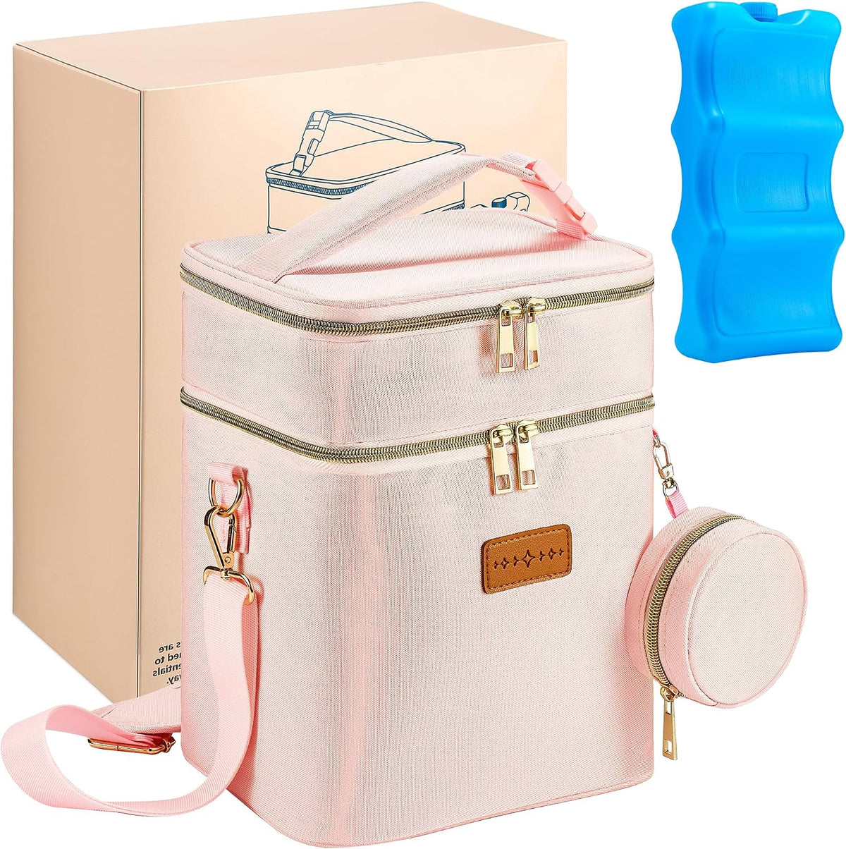 Breastmilk Cooler Bag with Ice Pack & Pacifier Case, Large Double Layer Insulated Baby Bottle Cooler Fits 6 Bottles, Breast Pump Storage Bag for Working Nursing Moms, with Gift Box