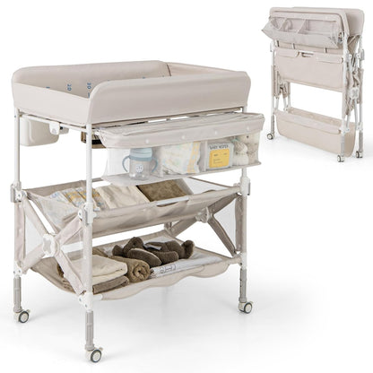 Changing Table, Foldable Baby Mobile Nursery Organizer w/Wheels, Adjustable Heights, Storage Bag & Shelves, Waterproof Diaper Changing Station Dresser, Portable for Newborn Infant (Gray)