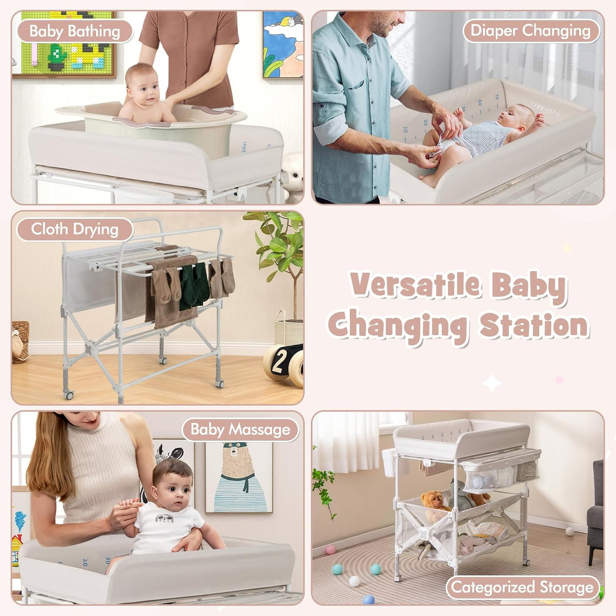 Changing Table, Foldable Baby Mobile Nursery Organizer w/Wheels, Adjustable Heights, Storage Bag & Shelves, Waterproof Diaper Changing Station Dresser, Portable for Newborn Infant (Gray)