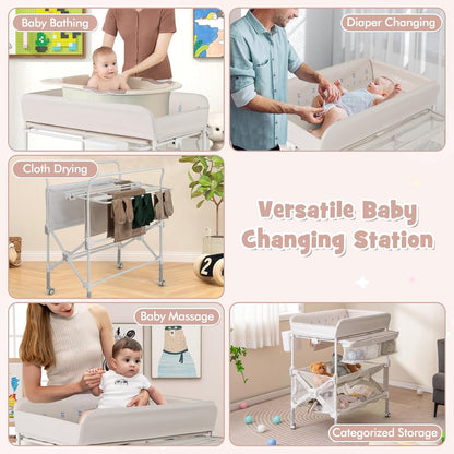 Changing Table, Foldable Baby Mobile Nursery Organizer w/Wheels, Adjustable Heights, Storage Bag & Shelves, Waterproof Diaper Changing Station Dresser, Portable for Newborn Infant (Gray)
