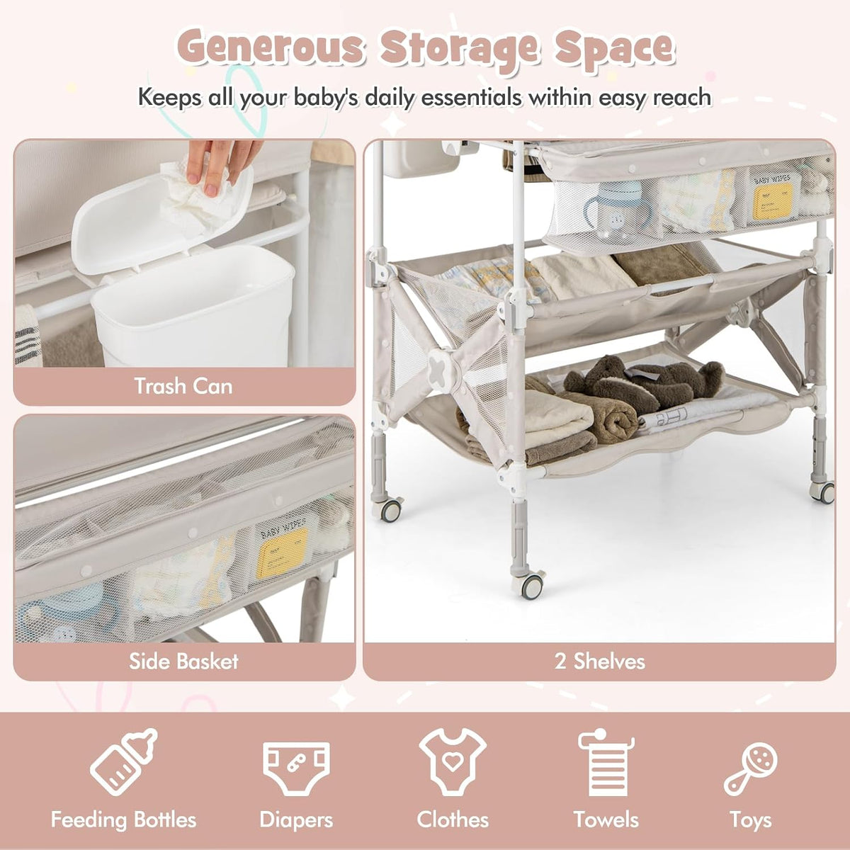 Changing Table, Foldable Baby Mobile Nursery Organizer w/Wheels, Adjustable Heights, Storage Bag & Shelves, Waterproof Diaper Changing Station Dresser, Portable for Newborn Infant (Gray)