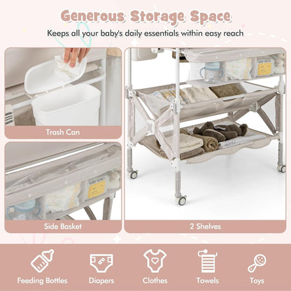 Changing Table, Foldable Baby Mobile Nursery Organizer w/Wheels, Adjustable Heights, Storage Bag & Shelves, Waterproof Diaper Changing Station Dresser, Portable for Newborn Infant (Gray)