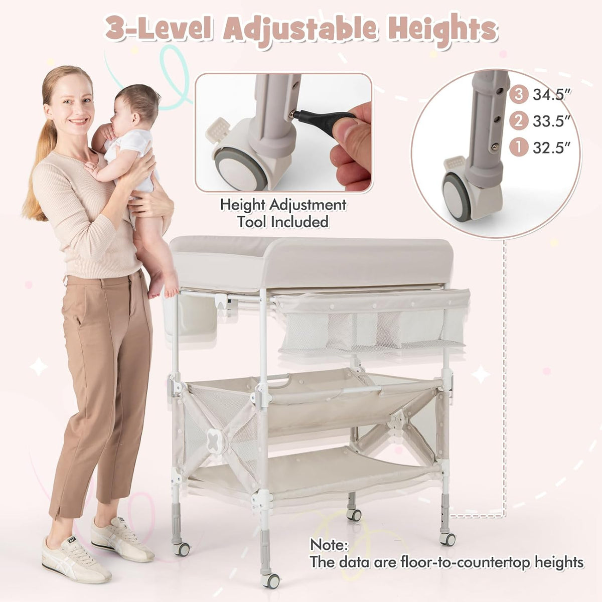 Changing Table, Foldable Baby Mobile Nursery Organizer w/Wheels, Adjustable Heights, Storage Bag & Shelves, Waterproof Diaper Changing Station Dresser, Portable for Newborn Infant (Gray)
