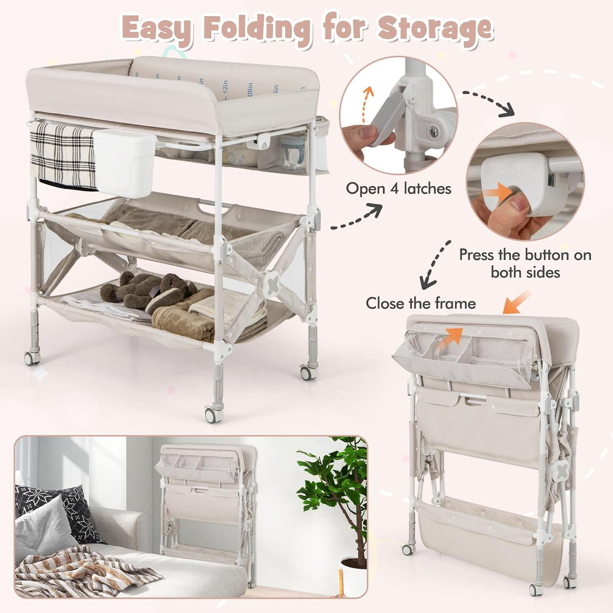 Changing Table, Foldable Baby Mobile Nursery Organizer w/Wheels, Adjustable Heights, Storage Bag & Shelves, Waterproof Diaper Changing Station Dresser, Portable for Newborn Infant (Gray)