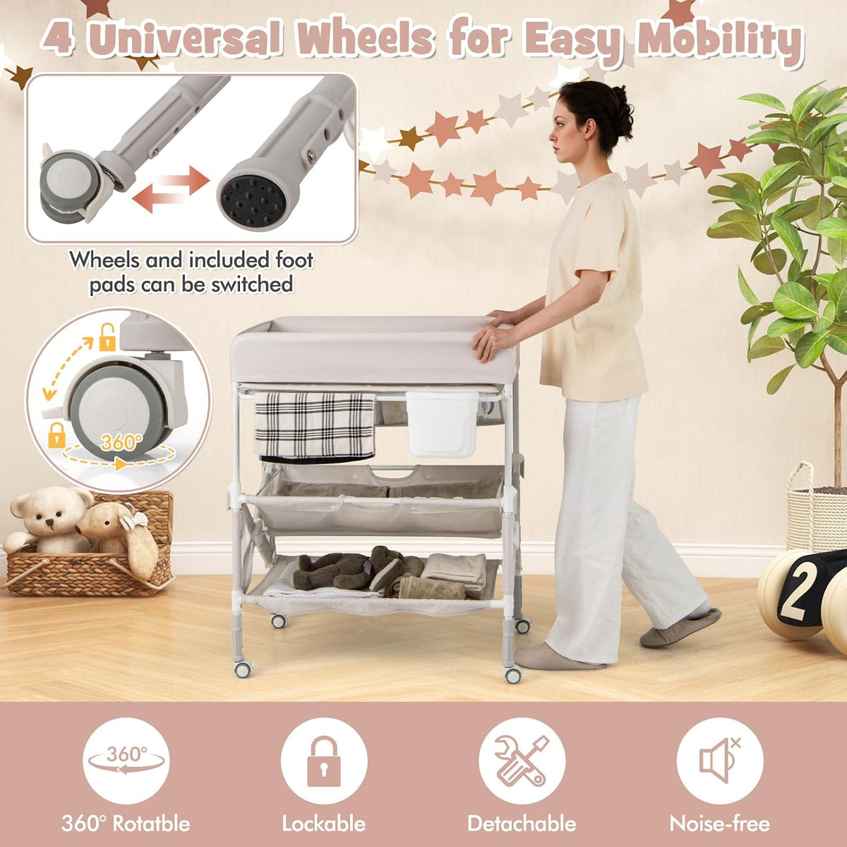 Changing Table, Foldable Baby Mobile Nursery Organizer w/Wheels, Adjustable Heights, Storage Bag & Shelves, Waterproof Diaper Changing Station Dresser, Portable for Newborn Infant (Gray)