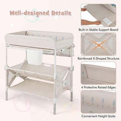 Changing Table, Foldable Baby Mobile Nursery Organizer w/Wheels, Adjustable Heights, Storage Bag & Shelves, Waterproof Diaper Changing Station Dresser, Portable for Newborn Infant (Gray)