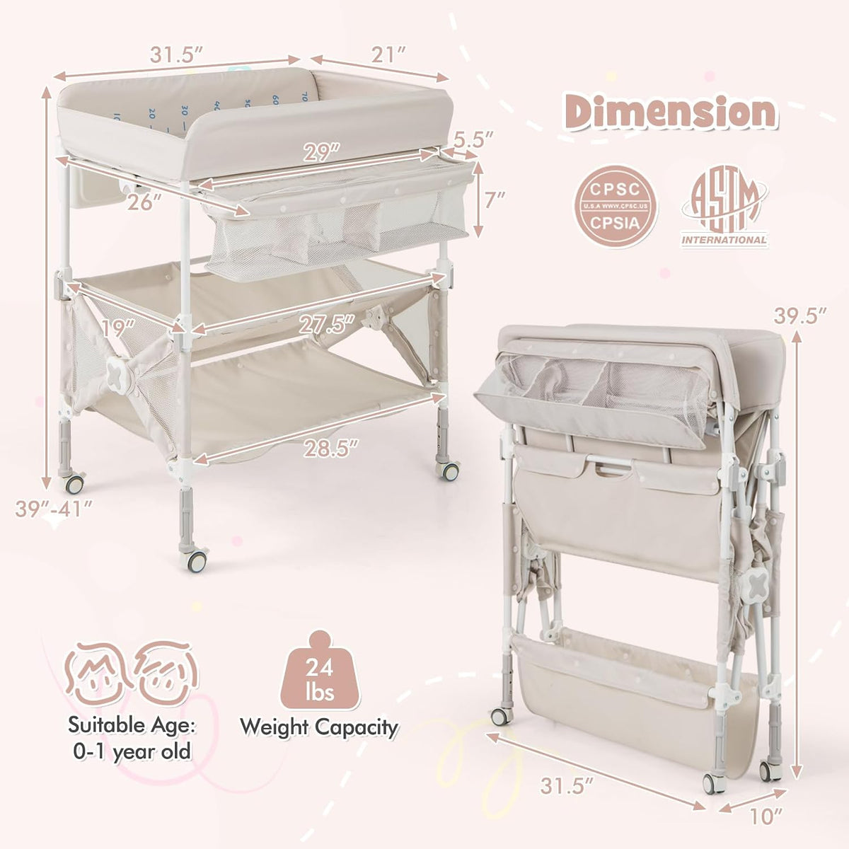 Changing Table, Foldable Baby Mobile Nursery Organizer w/Wheels, Adjustable Heights, Storage Bag & Shelves, Waterproof Diaper Changing Station Dresser, Portable for Newborn Infant (Gray)