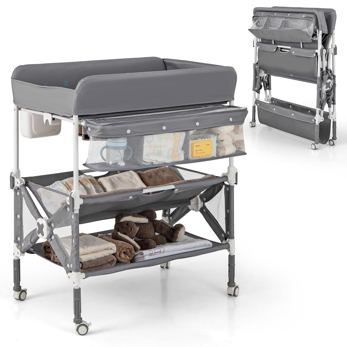 Changing Table, Foldable Baby Mobile Nursery Organizer w/Wheels, Adjustable Heights, Storage Bag & Shelves, Waterproof Diaper Changing Station Dresser, Portable for Newborn Infant (Gray)