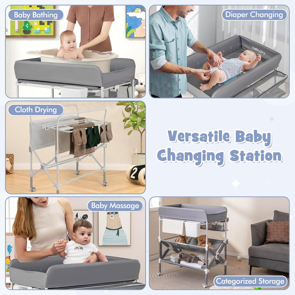 Changing Table, Foldable Baby Mobile Nursery Organizer w/Wheels, Adjustable Heights, Storage Bag & Shelves, Waterproof Diaper Changing Station Dresser, Portable for Newborn Infant (Gray)