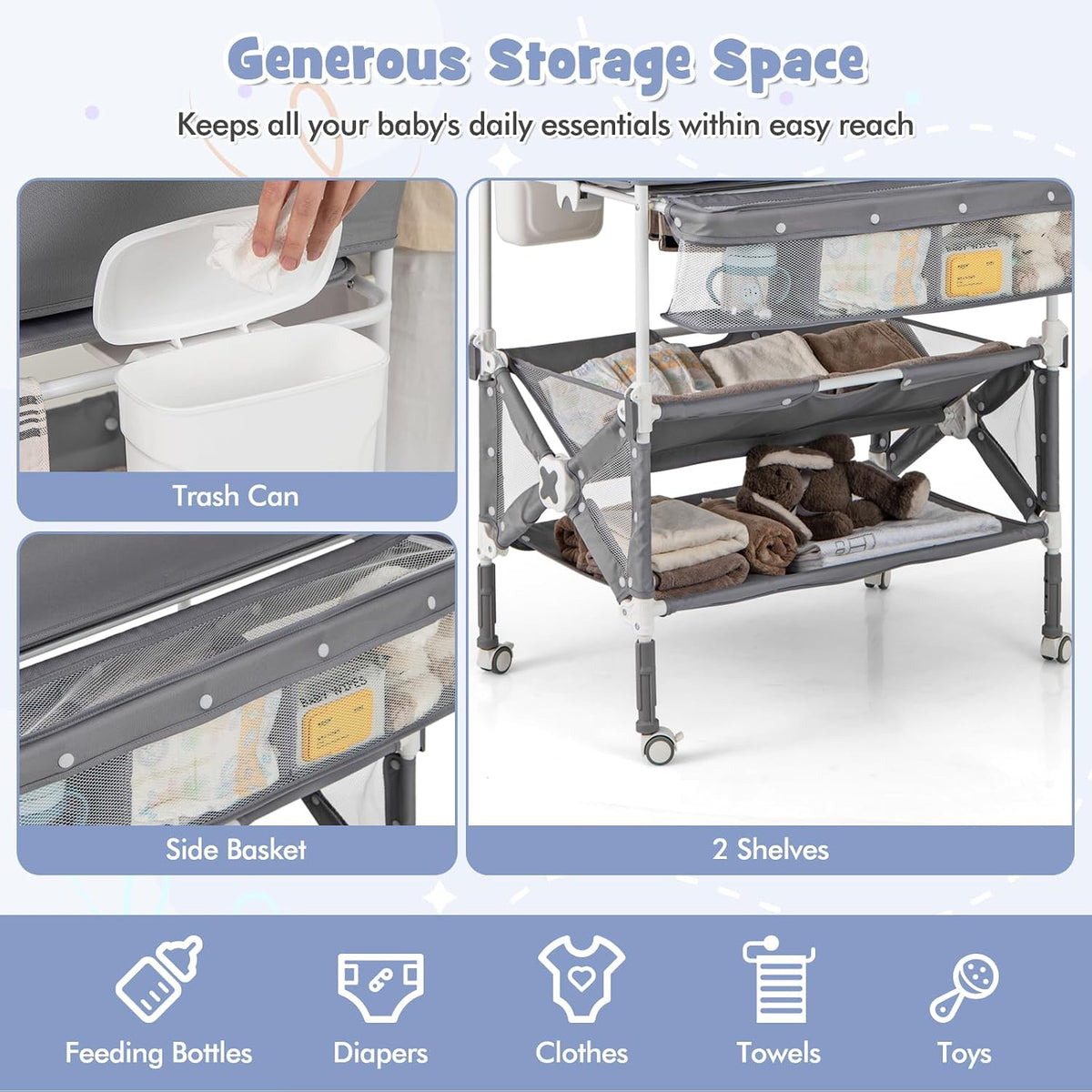 Changing Table, Foldable Baby Mobile Nursery Organizer w/Wheels, Adjustable Heights, Storage Bag & Shelves, Waterproof Diaper Changing Station Dresser, Portable for Newborn Infant (Gray)