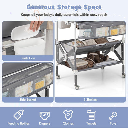 Changing Table, Foldable Baby Mobile Nursery Organizer w/Wheels, Adjustable Heights, Storage Bag & Shelves, Waterproof Diaper Changing Station Dresser, Portable for Newborn Infant (Gray)