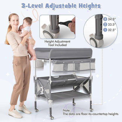 Changing Table, Foldable Baby Mobile Nursery Organizer w/Wheels, Adjustable Heights, Storage Bag & Shelves, Waterproof Diaper Changing Station Dresser, Portable for Newborn Infant (Gray)