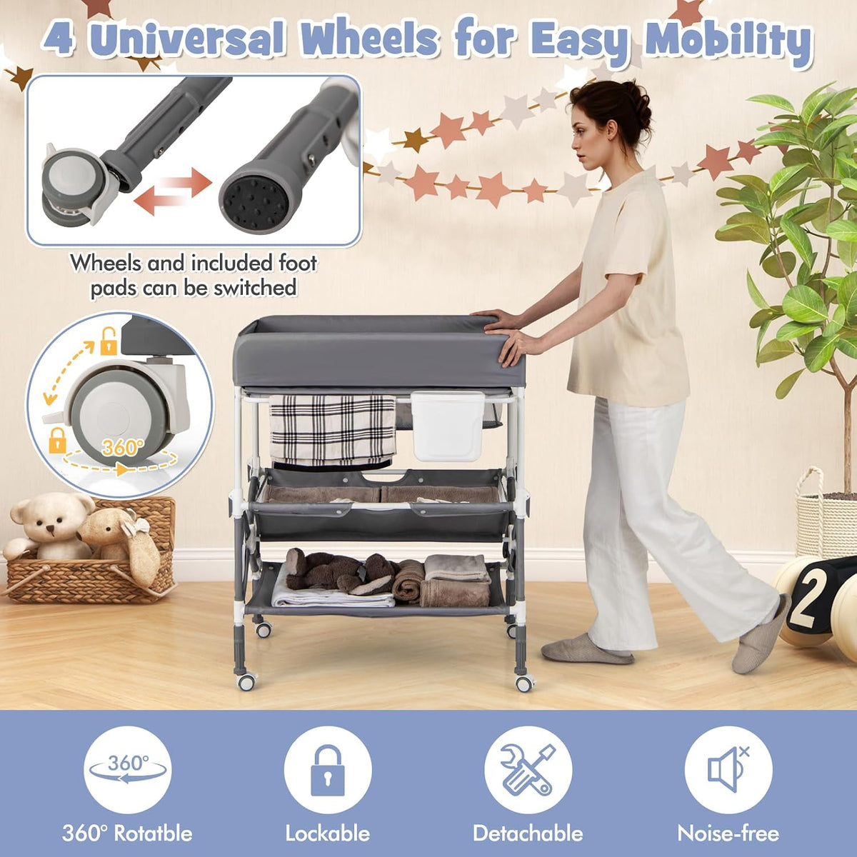 Changing Table, Foldable Baby Mobile Nursery Organizer w/Wheels, Adjustable Heights, Storage Bag & Shelves, Waterproof Diaper Changing Station Dresser, Portable for Newborn Infant (Gray)