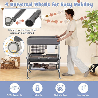 Changing Table, Foldable Baby Mobile Nursery Organizer w/Wheels, Adjustable Heights, Storage Bag & Shelves, Waterproof Diaper Changing Station Dresser, Portable for Newborn Infant (Gray)
