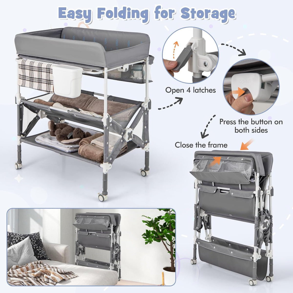 Changing Table, Foldable Baby Mobile Nursery Organizer w/Wheels, Adjustable Heights, Storage Bag & Shelves, Waterproof Diaper Changing Station Dresser, Portable for Newborn Infant (Gray)