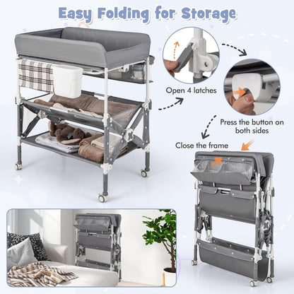 Changing Table, Foldable Baby Mobile Nursery Organizer w/Wheels, Adjustable Heights, Storage Bag & Shelves, Waterproof Diaper Changing Station Dresser, Portable for Newborn Infant (Gray)