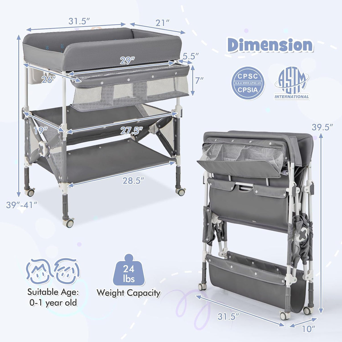 Changing Table, Foldable Baby Mobile Nursery Organizer w/Wheels, Adjustable Heights, Storage Bag & Shelves, Waterproof Diaper Changing Station Dresser, Portable for Newborn Infant (Gray)
