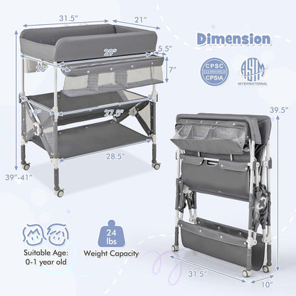 Changing Table, Foldable Baby Mobile Nursery Organizer w/Wheels, Adjustable Heights, Storage Bag & Shelves, Waterproof Diaper Changing Station Dresser, Portable for Newborn Infant (Gray)
