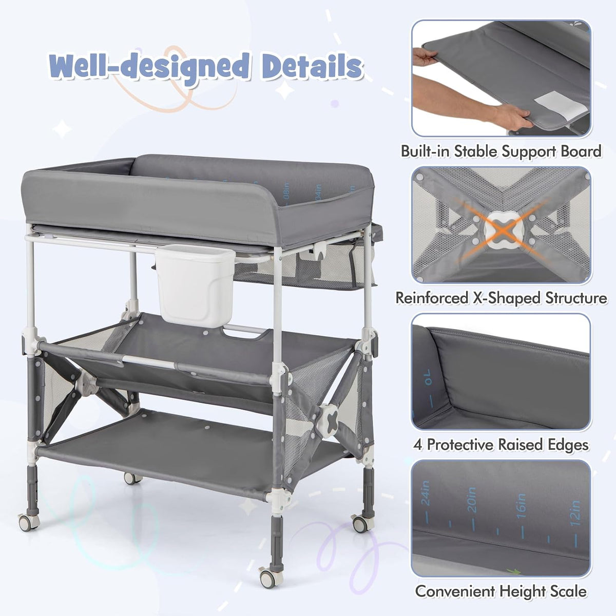 Changing Table, Foldable Baby Mobile Nursery Organizer w/Wheels, Adjustable Heights, Storage Bag & Shelves, Waterproof Diaper Changing Station Dresser, Portable for Newborn Infant (Gray)