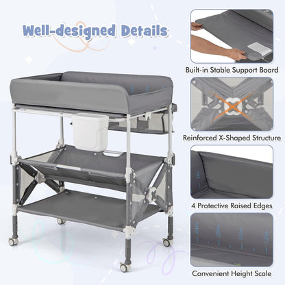 Changing Table, Foldable Baby Mobile Nursery Organizer w/Wheels, Adjustable Heights, Storage Bag & Shelves, Waterproof Diaper Changing Station Dresser, Portable for Newborn Infant (Gray)