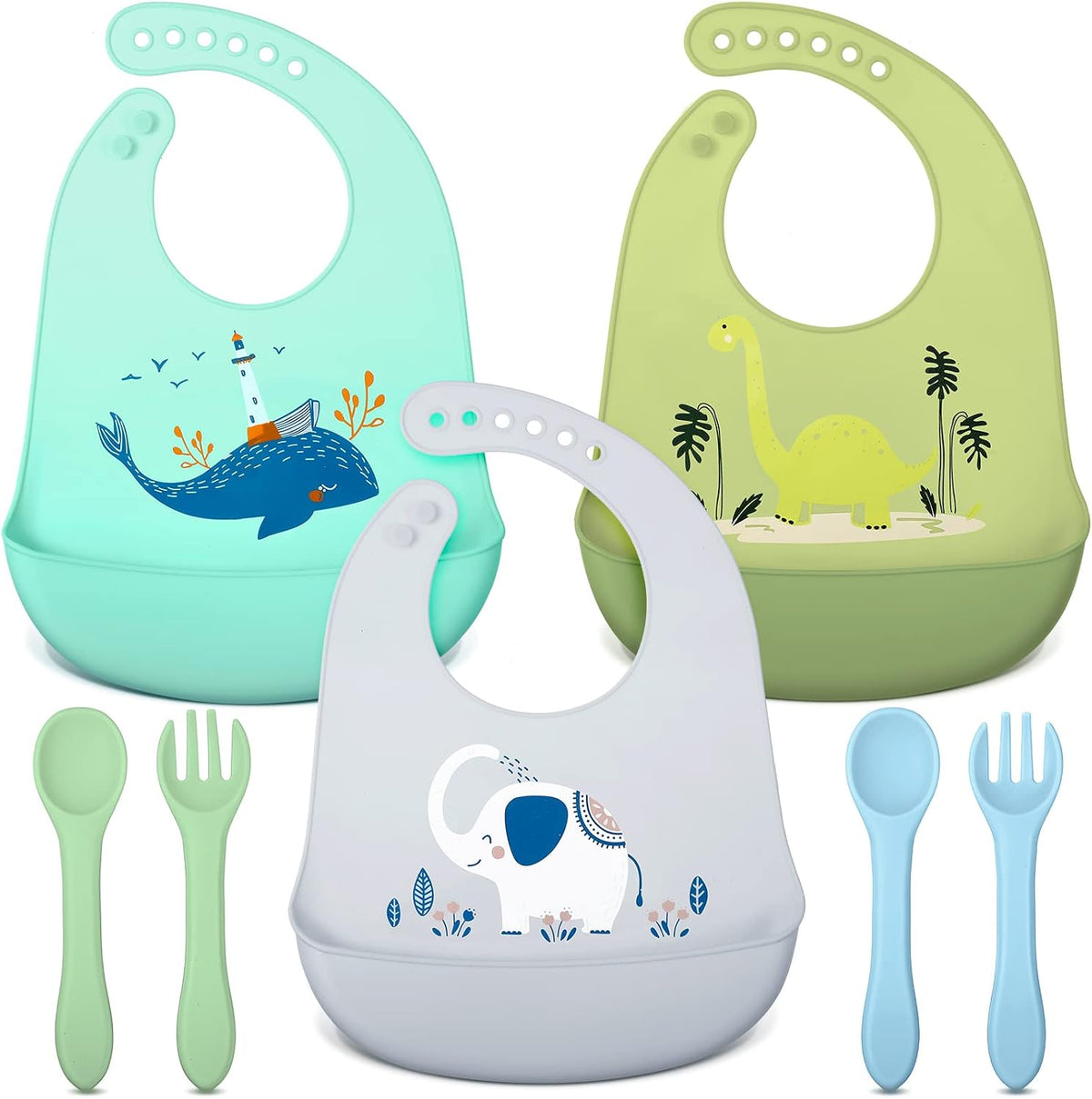 3 Pack Silicone Bibs for Baby Spoon Fork, Vivid Style, Vivid Style