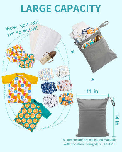 Wet Dry Bags for Baby Cloth Diapers, Washable Travel Bags, Beach, Pool, Gym Bag for Swimsuits & Wet Clothes with Two Zippered Pockets 3 Pack 3LN08 - Colors A