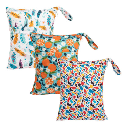 Wet Dry Bags for Baby Cloth Diapers, Washable Travel Bags, Beach, Pool, Gym Bag for Swimsuits & Wet Clothes with Two Zippered Pockets 3 Pack 3LN08 - Colors A
