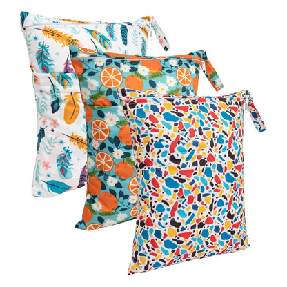 Wet Dry Bags for Baby Cloth Diapers, Washable Travel Bags, Beach, Pool, Gym Bag for Swimsuits & Wet Clothes with Two Zippered Pockets 3 Pack 3LN08 - Colors A