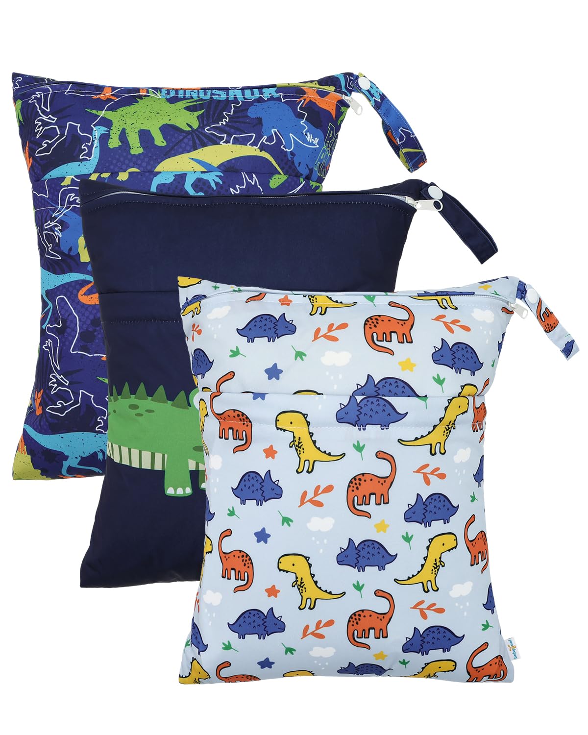 Wet Dry Bags for Baby Cloth Diapers, Washable Travel Bags, Beach, Pool, Gym Bag for Swimsuits & Wet Clothes with Two Zippered Pockets 3 Pack 3LN08 - Colors A