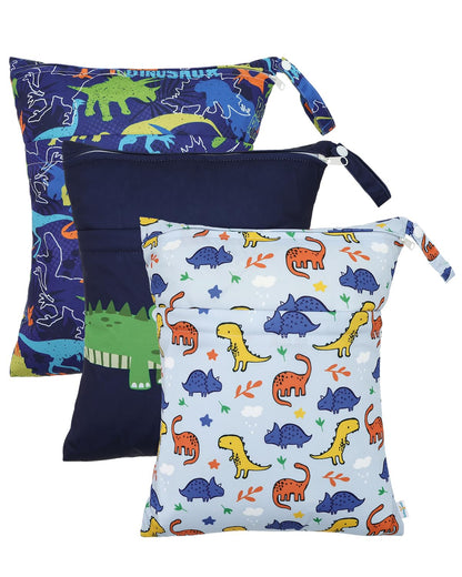 Wet Dry Bags for Baby Cloth Diapers, Washable Travel Bags, Beach, Pool, Gym Bag for Swimsuits & Wet Clothes with Two Zippered Pockets 3 Pack 3LN08 - Colors A