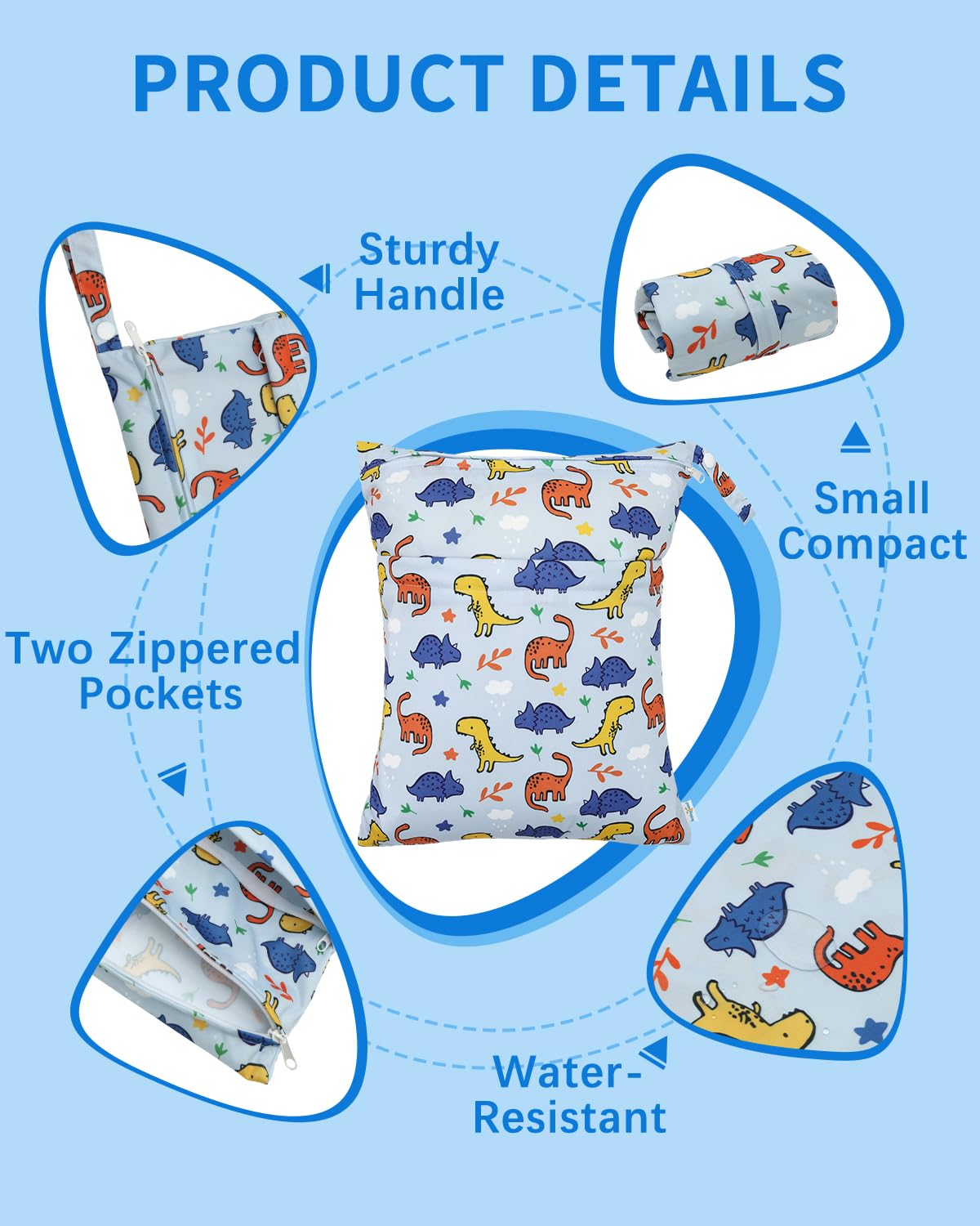 Wet Dry Bags for Baby Cloth Diapers, Washable Travel Bags, Beach, Pool, Gym Bag for Swimsuits & Wet Clothes with Two Zippered Pockets 3 Pack 3LN08 - Colors A