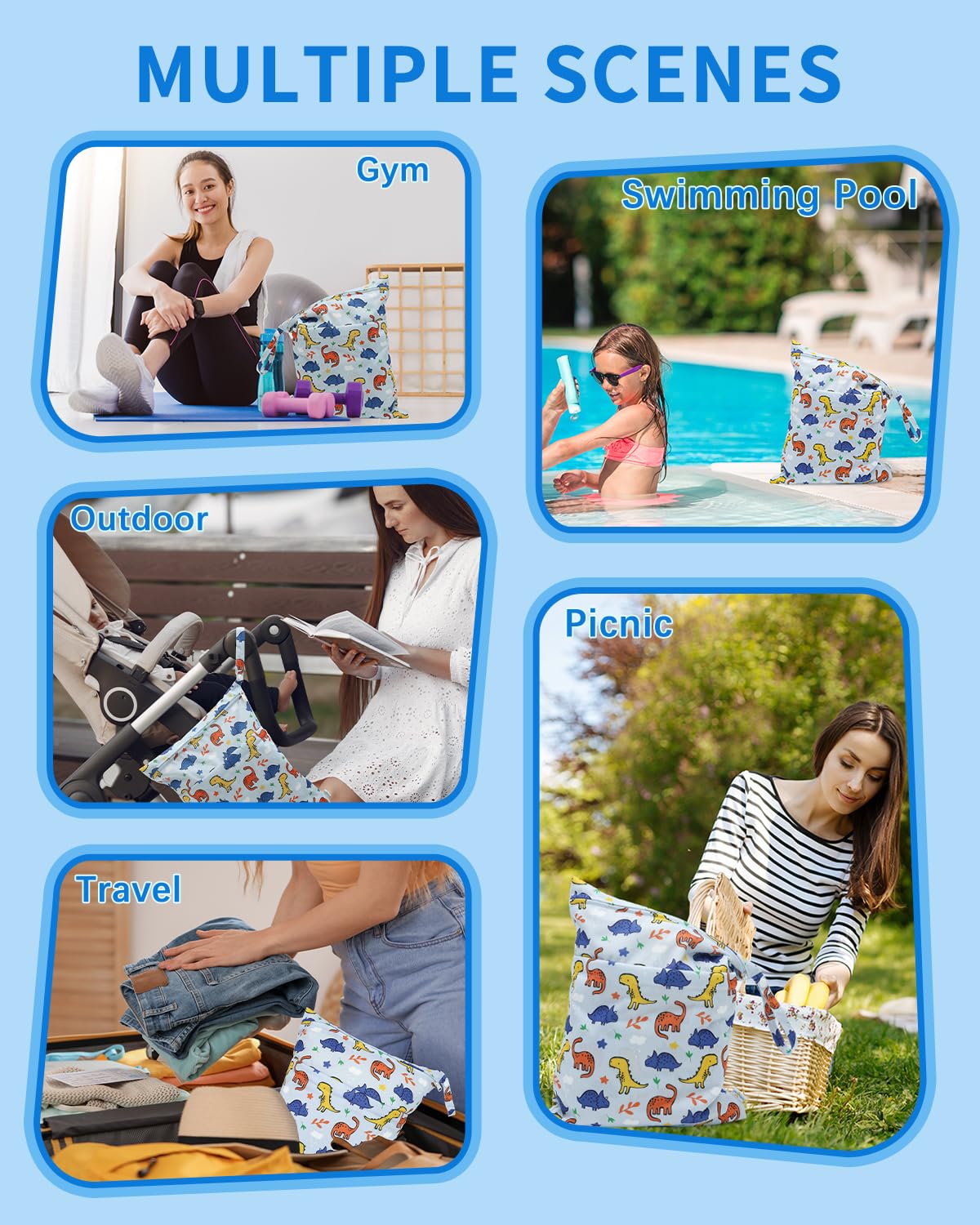 Wet Dry Bags for Baby Cloth Diapers, Washable Travel Bags, Beach, Pool, Gym Bag for Swimsuits & Wet Clothes with Two Zippered Pockets 3 Pack 3LN08 - Colors A